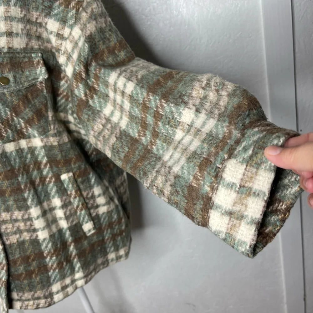 Plaid Women's Jacket in Green Brown Button Up Pockets Fall Woods Cozy Size XL